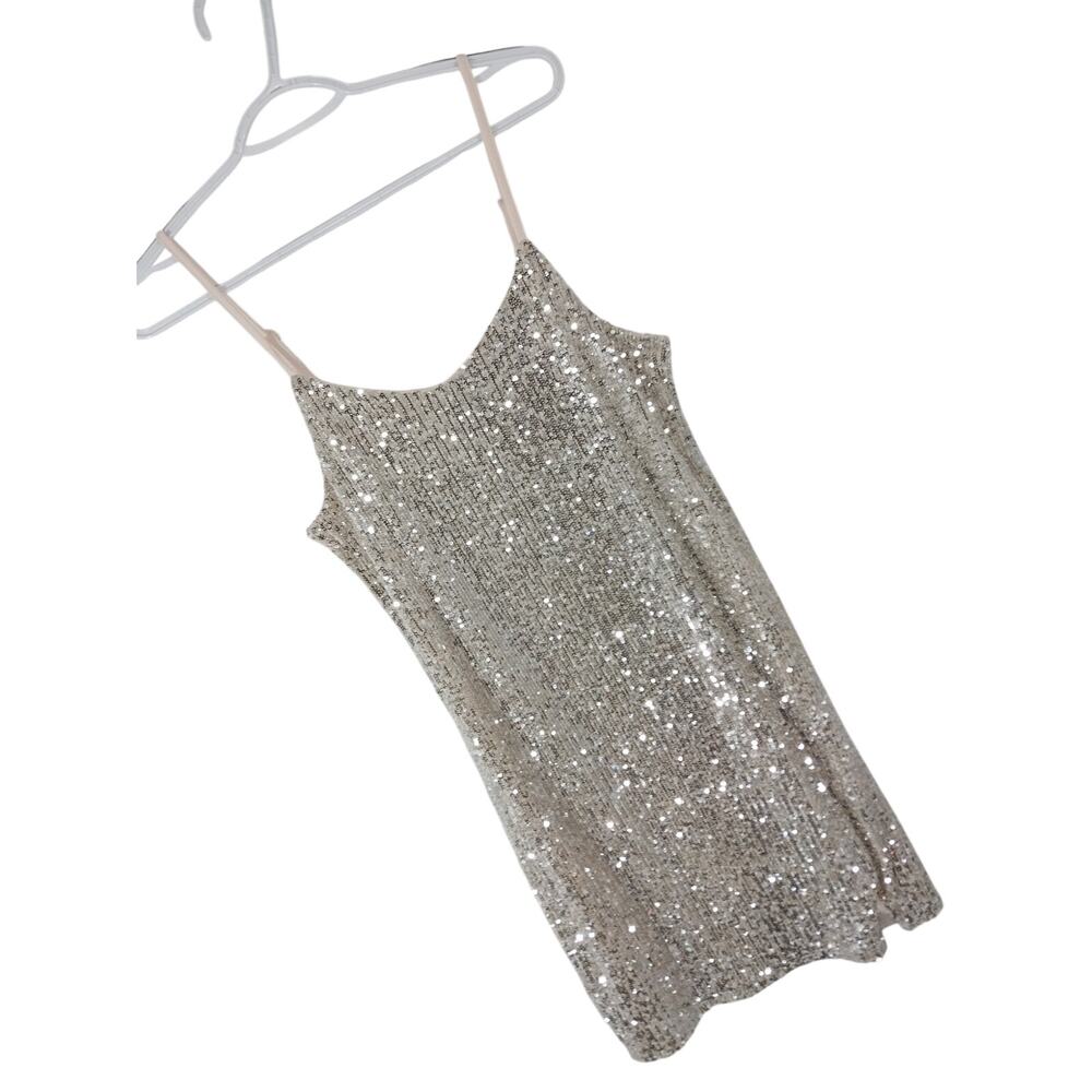 ART CLASS!  SILVER MICRO SEQUINS OVER CREAM STRETCH SPAGHETTI STRAP DRESS! SZ XL